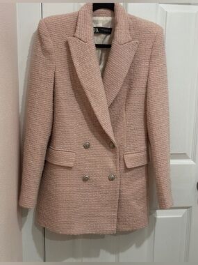 Zara Double-Breasted Pink Tweed Blazer